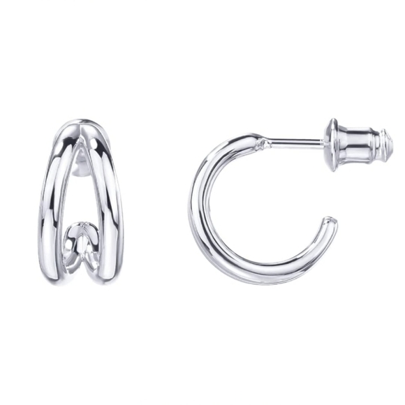 14K Gold Plated Sterling Silver Split Hoop Huggie Earrings White Gold - Picture 6 of 6
